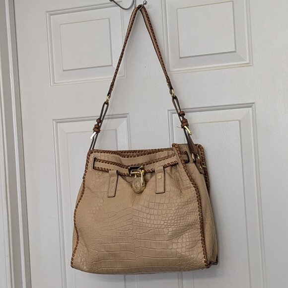 MICHAEL KORS Beige Croco Large Hamilton Whip-Stitch Chain Shoulder Bag  Satchel - Picture 1 of 15
